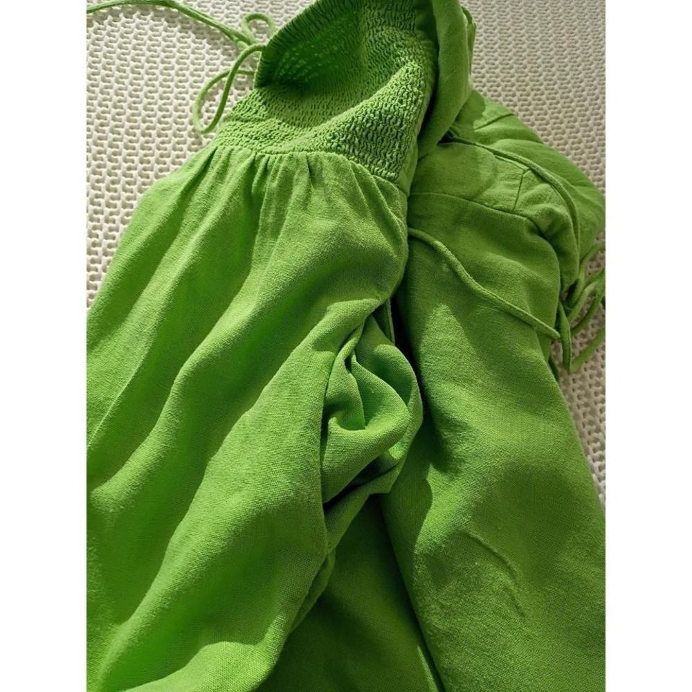 Old Navy Green Smocked Linen Blend Square Neck Tie Shoulder Mini Dress Women L - Picture 5 of 8